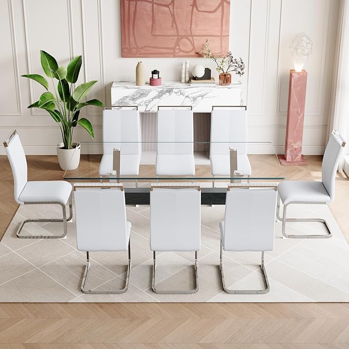 9 Piece Glass Dining Table Set, Kitchen Table Chairs Set for 8, 71'' Dining Table with 0.4" Tempered Glass Tabletop with Plated Metal Legs and MDF Crossbar, 8 PU Chairs for Dining Room, Kitchen.