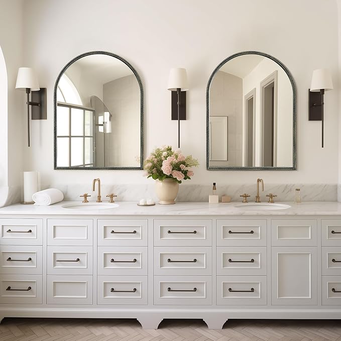 WallBeyond Black Vintage Mirror for Vanity 24x32 Inch, Gold Antique Mirror with Ornate Beaded Frame for Bathroom, Living Room, Fireplace, Entryway