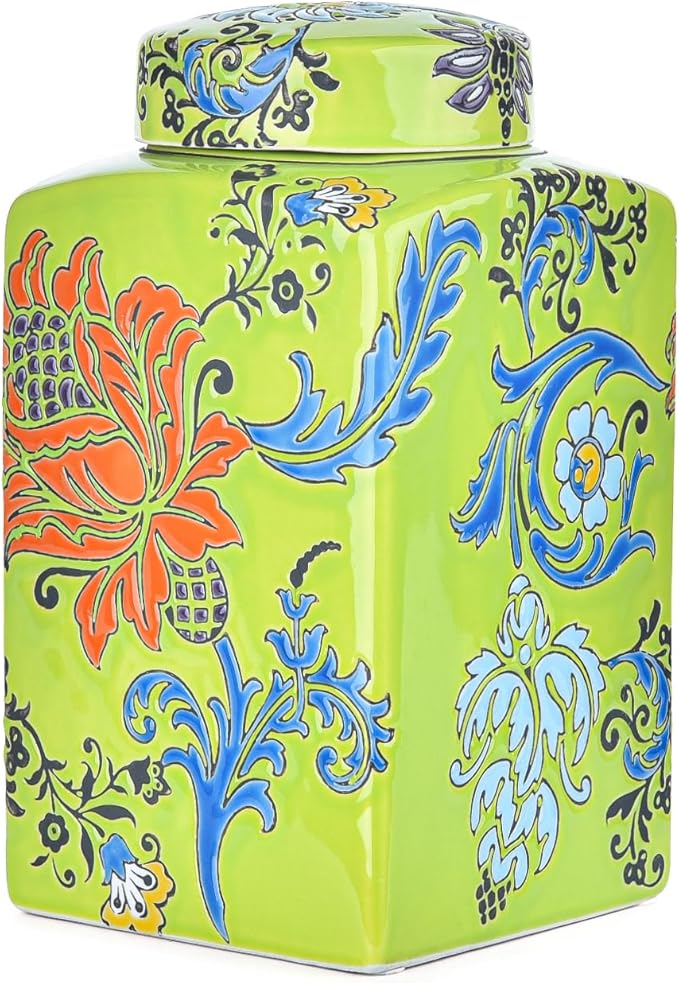 Sungmor Decorative Ceramic Ginger Jar with Lid, Square Ceramic Storage Jar Tea Canister, 8.2" Hand Painted Floral Pattern Porcelain Vase for Table Centerpiece, Green Glazed Ginger Jar for Home Decor