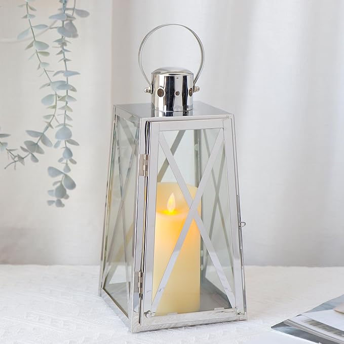 TRIROCKS Stainless Steel Decorative Lantern 12'' H Metal Candle Holder Hanging Candle Lantern with Tempered Glass for Christmas Home Decor Living Room Parties Events Indoor Outdoor(Silver Trapezoid)