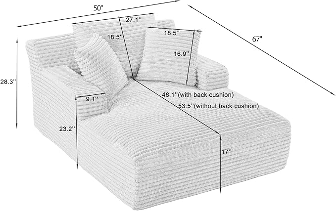 50 Inches Chaise Lounge Indoor,Oversized Chaise Lounge Chair with 3 Throw Pillows and Armrests,Corduroy Upholstered Plush Sofa Bed Lazy Chair Bed Sleeper Chair for Living Room Apartment (Green)
