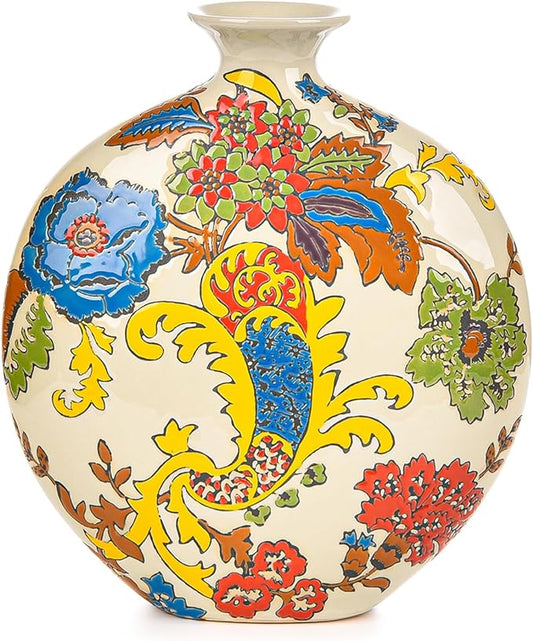 Sungmor High-Class Enamel Painted Porcelain Vase, Traditional Hand-Carved Overglaze Color Ceramic Vase for Fresh Flowers Dried Plants Arrangement, Decorative Vase for Centerpieces, Shelf, Living Room