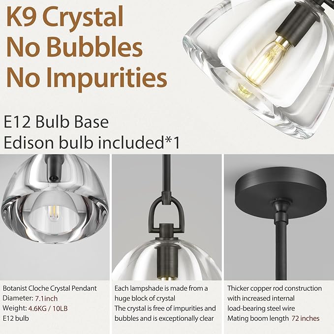 Botanist Crystal Dome Black Pendant Light,7" Crystal Modern Black Pendant Lights Kitchen Island, Hanging Crystals Dome Pendant, Farmhouse Kitchen Pendant Lighting Over Island,E12 Bulb Included