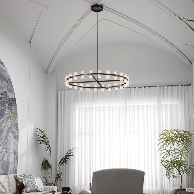 D48'' Large Black Wagon Wheel Chandeliers Black Round Chandelier Glass Chandeliers for Dining Room,Living Room Vintage Chandelier