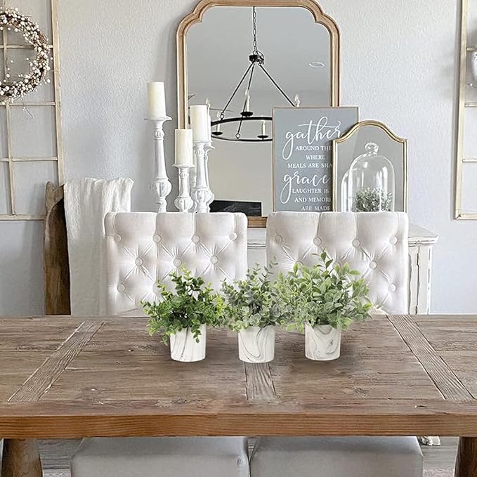 Hollyone Mini Artificial Potted Plants Fake Plants in Marble Pots, 3Pcs Plastic Eucalyptus Greenery Faux Plants for Home Office Desk Room Centerpiece Shelf Décor