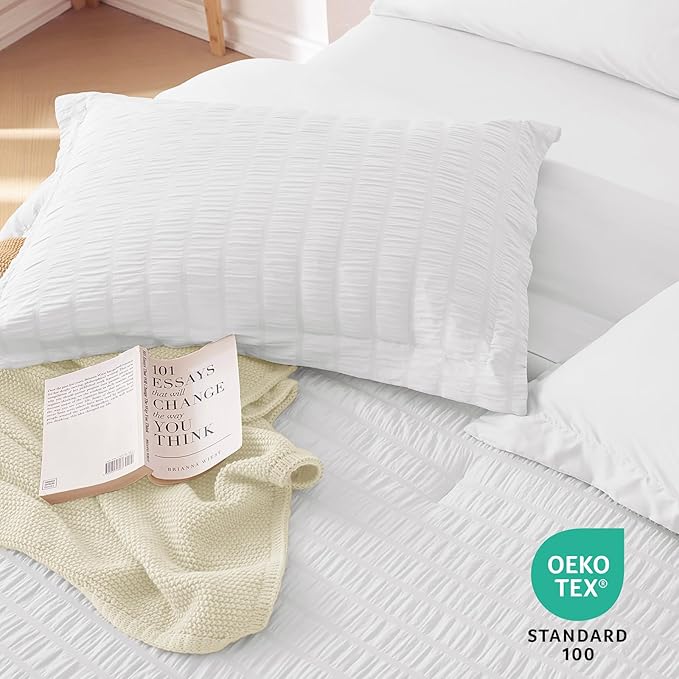 MUXHOMO 7 Pieces Full Comforter Set, Seersucker Bed in a Bag Full Size, All Season Luxury Bedding Set with Comforter, Flat Sheet, Fitted Sheet, Pillowcases & Shams, White