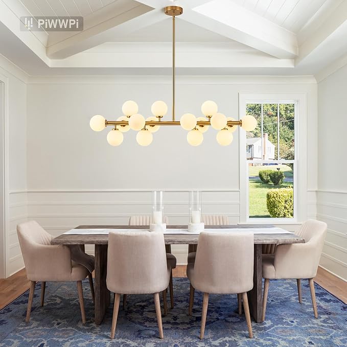 Glass Globe Sputnik Chandelier, 16-Light Mid Century Modern Light Fixture Over Table, Linear Chandeliers for Dining Room, Kitchen Island, Brass Gold and Milk White Bubble, 40 Inch, GC-02