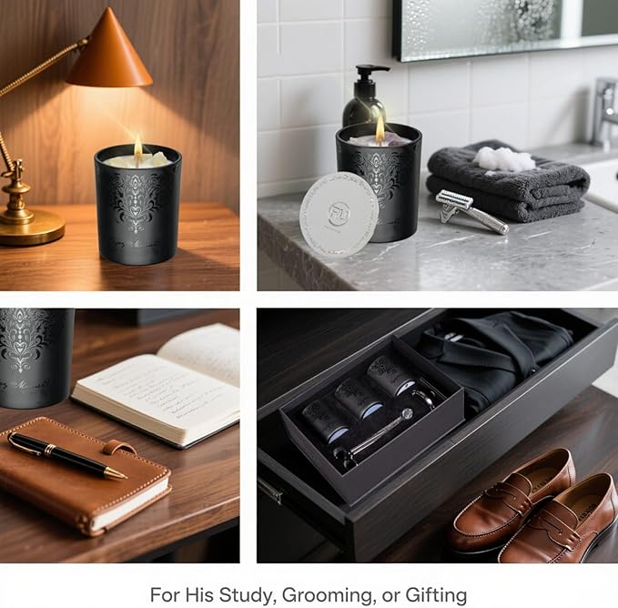 Luxury Black Scented Candles Gift Set for Men – 3x7oz Soy & Beeswax Crystal Candles with Wick Trimmer & Snuffer Lid, Aromatherapy Candles for Home Scented, Masculine Gift for Men & Women