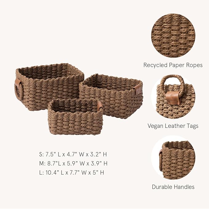 LA JOLIE MUSE Woven Storage Baskets, Recycled Paper Rope Bin Organizer Divider for Cupboards Drawer Closet Shelf Dresser, Set of 3 (Brown)