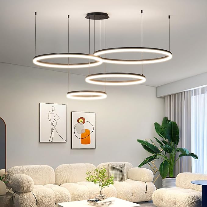 Modern LED Chandelier Light, 4 Ring Black Pendant Lighting Fixture, Adjustable Hanging Ceiling Lamp for Dining Room, Kitchen Island, Entryway, Living Room, Dimmable Dining Light Over Table