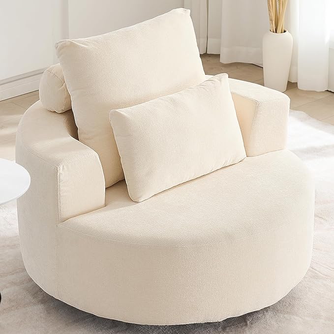 Furnimart Oversized Barrel Accent Chair, 360° Swivel Round Upholstered Sofa, Chenille High-Resilience Sponge, No Assembly Wide Seat for Living Room, Bedroom, Apartment (Beige)