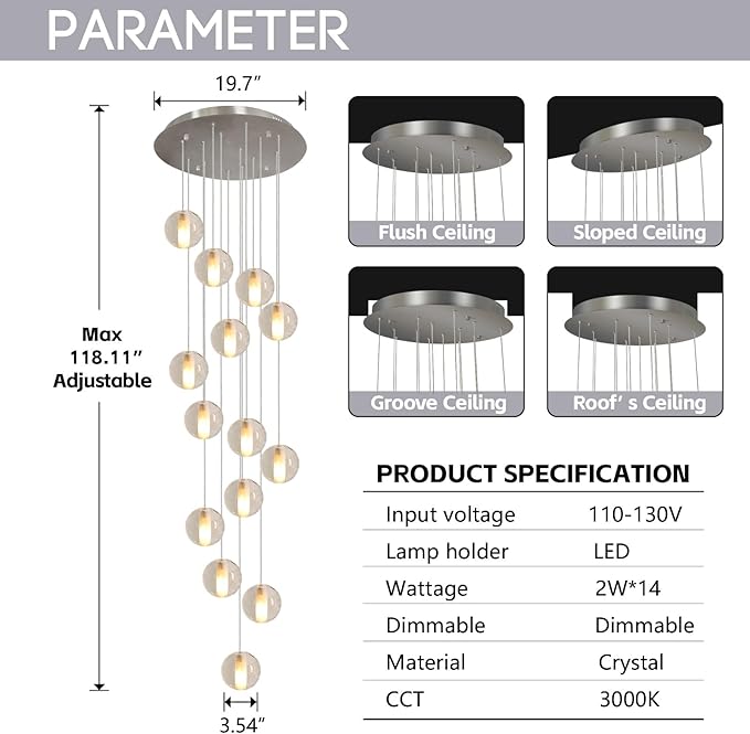 14 Lights Nickel Staircase Chandelier for High Ceiling, Dimmable Modern Crystal Raindrop Large Long Hanging Pendant Light for Stairwell Living Room Stair Foyer, Bulbs Included