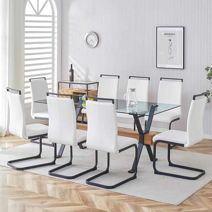9 Piece Glass Dining Table Set, Kitchen Table Chairs Set for 8, 71'' Dining Table with 0.4" Tempered Glass Tabletop with Plated Metal Legs and MDF Crossbar, 8 PU Chairs for Dining Room, Kitchen.
