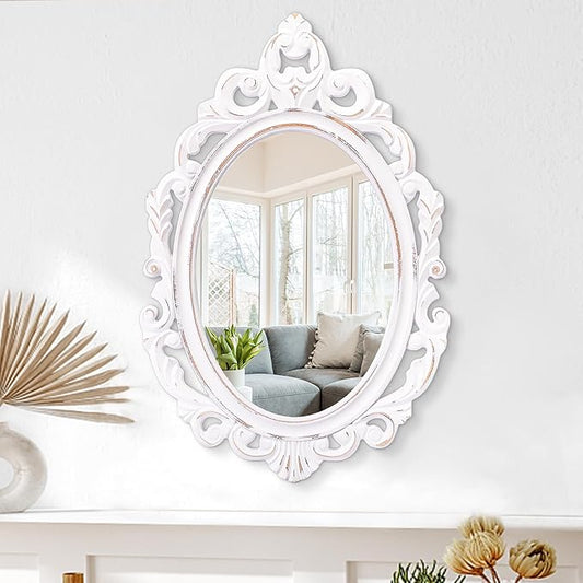 Wall Mirror Oval Baroque Style Vintage Mirrors for Wall Wooden Hanging Arendahl Traditional Mirror Decorative for Bathroom Bedroom Living Room Entryway Decor 24"x16" White