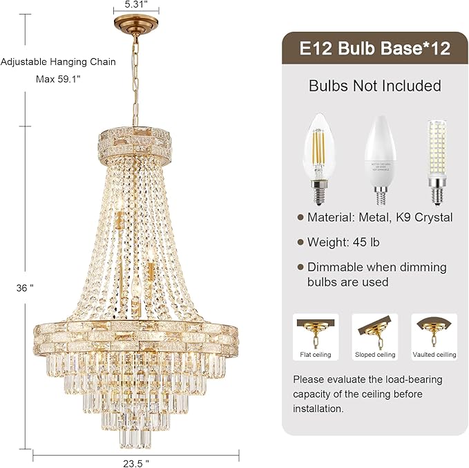 Gold Crystal Chandeliers 12 Lights Modern Chandelier for High Ceilings Large Chandeliers Light Fixture Foyer Staircase Hallway Entryway Living Room Hall Lobby 36" H x 23.5" D
