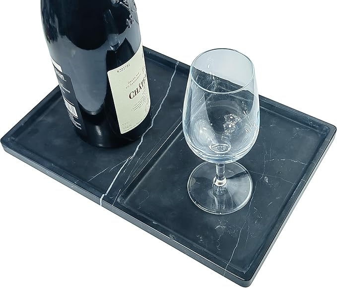 11.81"x7.87" Natural Marble Decorative Tray Countertop Organizer - 2 Compartments Polished Stone Storage Vanity Tray for Bathroom Kitchen Desk, Black White