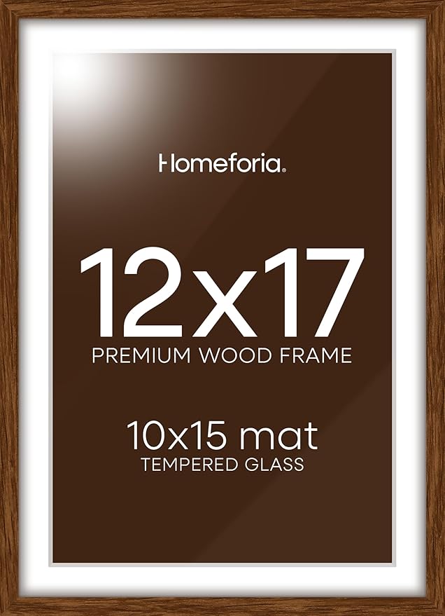 Homeforia 12x17 Picture Frame Brown, High End Dark Oak 12x17 Poster Wood Frame with Mat 10x15 for Photo, 12 x 17 Wooden Walnut Frame Matted to 10 x 15, 17x12 Frames, Tempered Glass, Wall Kit, Set of 1