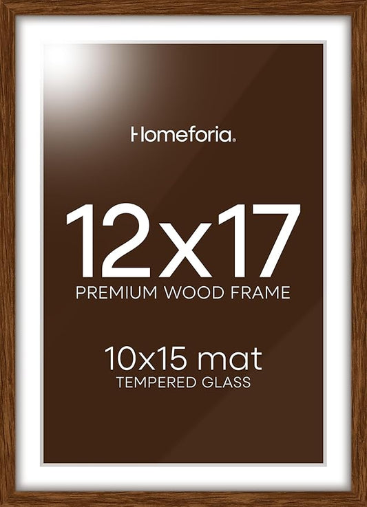 Homeforia 12x17 Picture Frame Brown, High End Dark Oak 12x17 Poster Wood Frame with Mat 10x15 for Photo, 12 x 17 Wooden Walnut Frame Matted to 10 x 15, 17x12 Frames, Tempered Glass, Wall Kit, Set of 1
