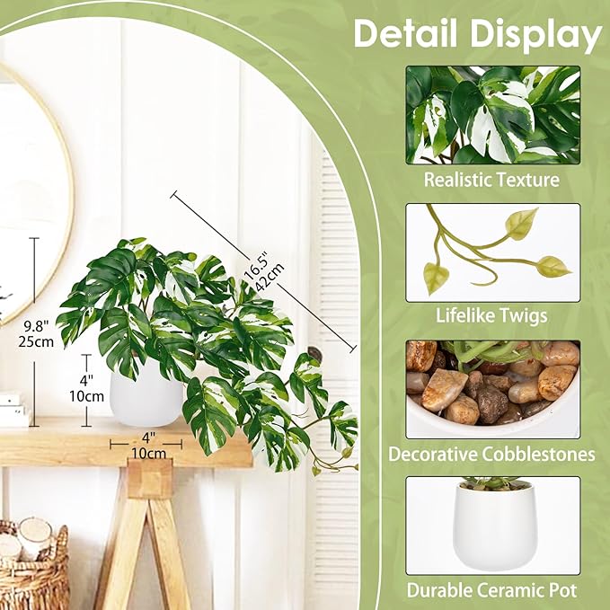 DILATATA Fake Plants Indoor 8 Inch Artificial Monstera Plant in White Ceramic Pot - Faux Potted Tropical Palm Plant for Home Aesthetic Decor Living Room Shelf Office