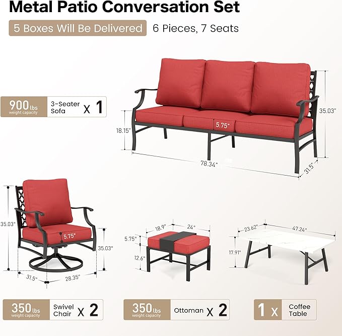 6 Piece Metal Outdoor Patio Furniture Set, Patio Conversation Sets 1 3-Seater Sofa, 2 Swivel Chair, 2 Ottomans with 5.75" Thick Cushion and Coffee Table, Black Backyard Furniture, Red