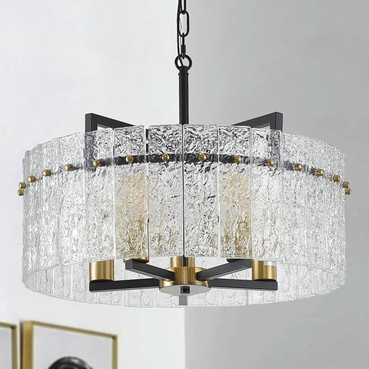 Modern Chandeliers for Dining Room,20" Black Gold Luxury Water Ripple Glass Bedroom Light Fixture,5-Light Glass Pendant Lights Kitchen Island for Living Room,Foyer