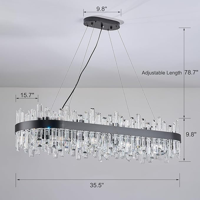 Rectangle Crystal Chandeliers, L43.4 inch 20-Light Black Chandelier Lighting Fixture, Height Adjustable Oval Pendant Ceiling Light for Dining Room Over Table Kitchen Island