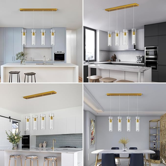 Pendant Ceiling Light Fixture for Kitchen Island, Gold Pendant Light Integrated LED Hanging Light with Crystal Bubble Glass Pendant Light Modern Pendant Lights Kitchen Island (4-Light)