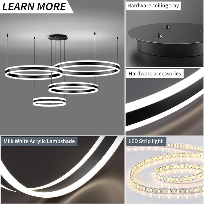 Modern LED Chandelier Light, 4 Ring Black Pendant Lighting Fixture, Adjustable Hanging Ceiling Lamp for Dining Room, Kitchen Island, Entryway, Living Room, Dimmable Dining Lights Over Table