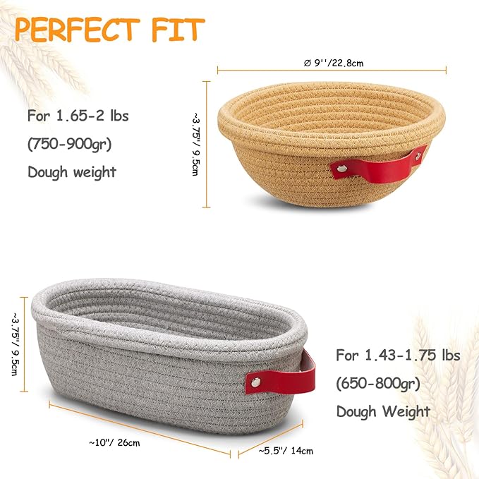 Banneton Bread Proofing Basket -Cotton Oval & Round Banneton Basket Set Sourdough Proofing Baskets Round Proofing Bowls Handmade Rattan Baskets and Liners