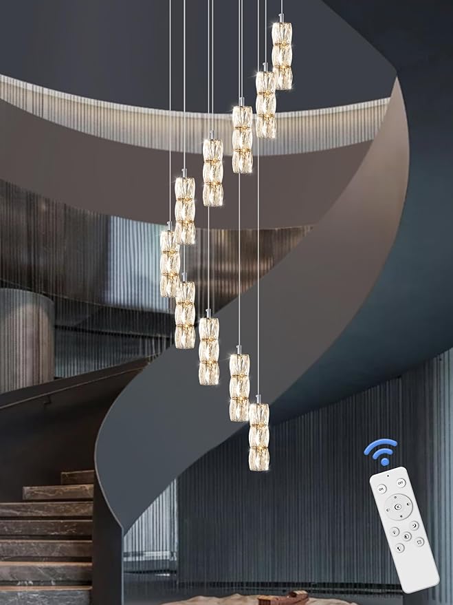 Long Staircase Crystal Pendant Chandeliers 10-Lights Silver Column Crystal Chandeliers Foyer Entrance High Ceiling Hanging Chandelier 2700-6000k Dimmable Fixtures LED Big Chandeliers