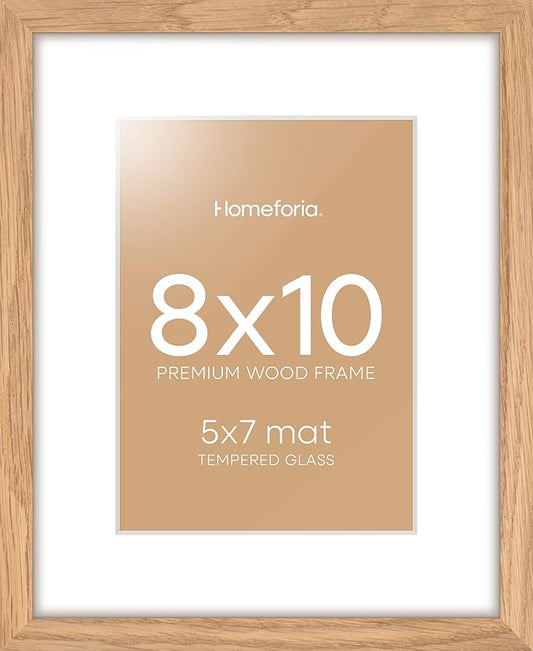 Homeforia 8 x 10 Wood Picture Frame, High End Natural Oak 8x10 Light Wooden Frames with Mat 5x7 inch Photo, 8 x 10 Frame Matted to 5 x 7 Art, Wall or Tabletop Frame, Tempered Glass, Wall Kit, Set of 1