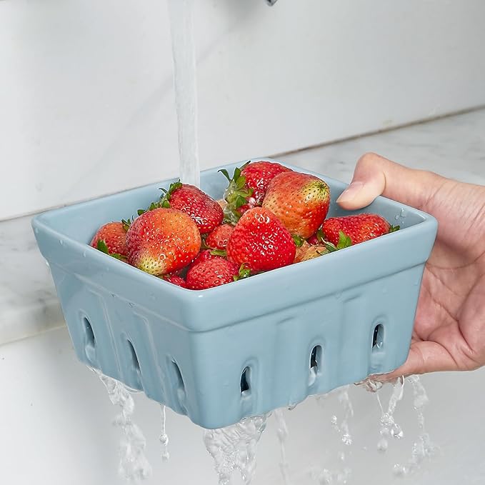 ONEMORE Berry Basket Ceramic Berry Bowls with Holes Square Fruit Bowl Berry Colander Containers for Fridge - 5.8" Fruit Basket for Kitchen Décor, Set of 2, Blue