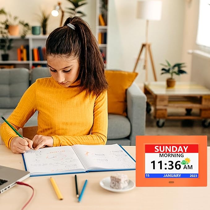 7 Inch Digital Clock with Day and Date for Elderly Alzheimer's Clock Customizable Alarms 3 Display Modes Large Font Alarm Clock for Seniors Auto DST Orange