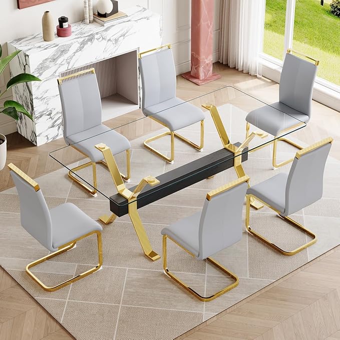 7 Piece Glass Dining Table Set, Kitchen Table Chairs Set for 6, 71'' Dining Table with 0.4" Tempered Glass Tabletop with Plated Metal Legs and MDF Crossbar, 6 PU Chairs for Dining Room, Kitchen.