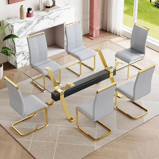 7 Piece Glass Dining Table Set, Kitchen Table Chairs Set for 6, 71'' Dining Table with 0.4" Tempered Glass Tabletop with Plated Metal Legs and MDF Crossbar, 6 PU Chairs for Dining Room, Kitchen.