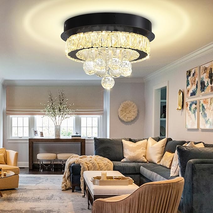 Flashing God 12" Modern Crystal Chandeliers Flush Mount Ceiling Light Black Chandelier for Hallway LED Dimmable Light Fixture for Dining Room Living Room Bedroom