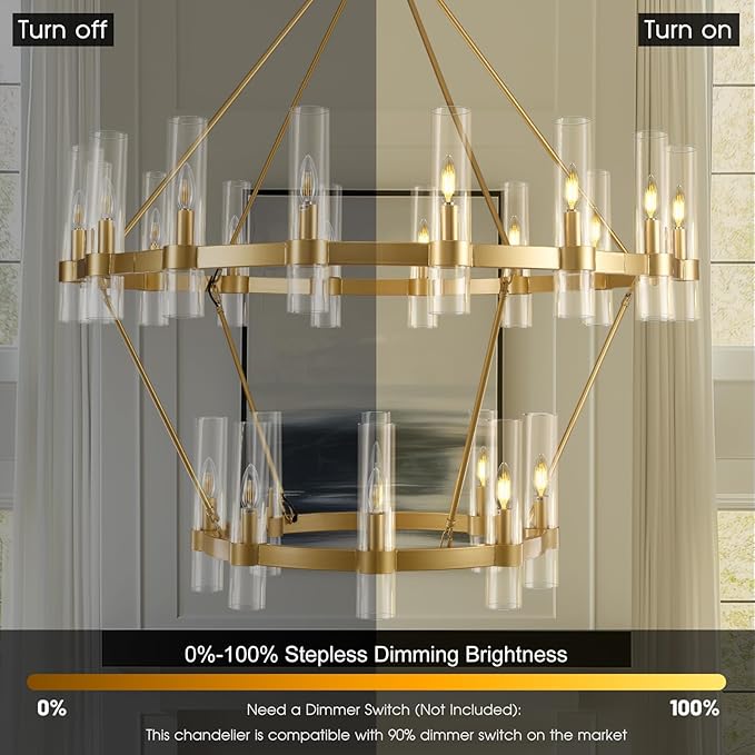 2 Tier Gold Wagon Wheel Chandelier, 60 Inch Farmhouse Chandelier with Glass Tube, 30-Light Large Round Chandeliers for Dining Room, Living Room, Bedroom and Entryway