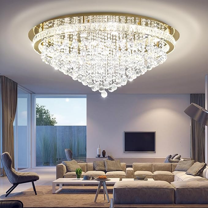 Dia 40" Modern Crystal Chandelier,Large Chandelier for Living Room Gold Flush Mount Chandeliers Crystal Ceiling Light for Dining Living Room Bedroom