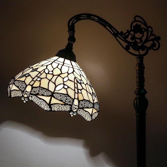 WERFACTORY Tiffany Floor Lamp Cream Stained Glass Dragonfly Arched Lamp 12X18X64 Inches Gooseneck Adjustable Corner Standing Reading Light Decor Bedroom Living Room S139 Series