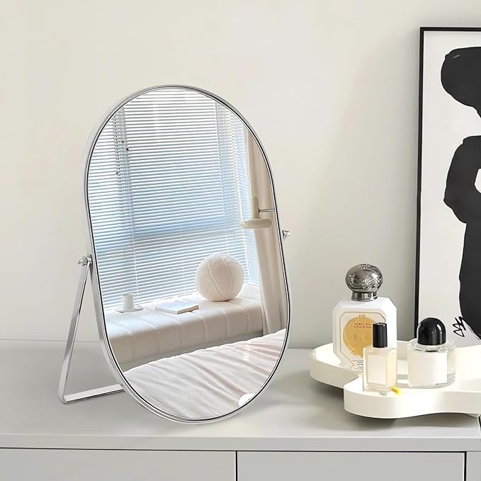 Vanity Makeup Mirror for Desk with Metal Stand Tabletop Mount Makeup Oval Mirrors 90°Adjustable Rotation Portable Cosmetic Mirror for Travel Bedroom,Office, Dresser,Countertop
