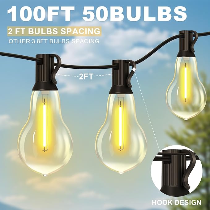 100FT LED Outdoor String Lights with 50+3 Shatterproof Bulbs(Gourd Shape), IP44 Waterproof, Commercial Grade Patio String Lights for Outside Porch Backyard Garden Deck Decor, 2700K Dimmable