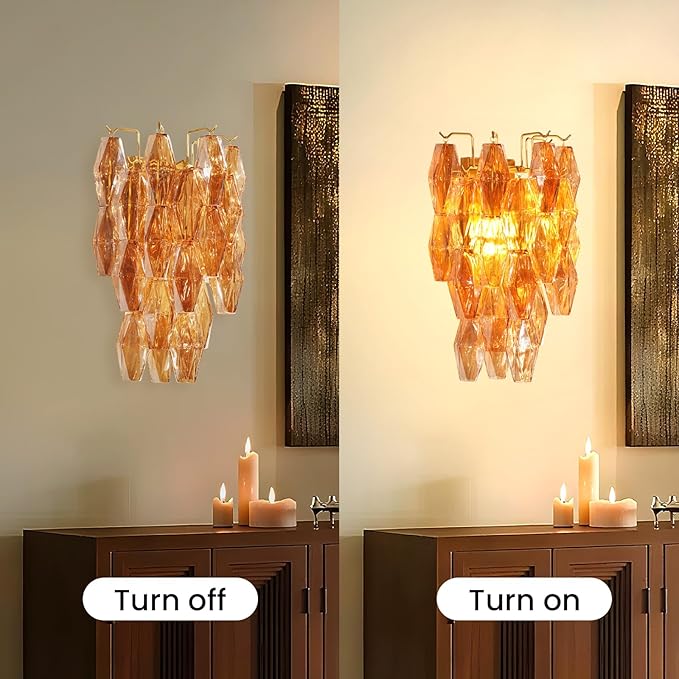 Brass Wall Sconce, 2-Light Amber Glass Sconce Wall Lighting, Gold Wall Light Vanity Light for Bathroom, Wall Lamp for Living Room, Bedroom,Vanity, Stairs, Hallway, Farmhouse
