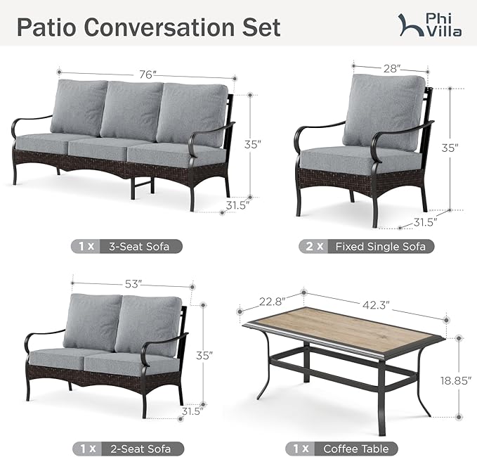 PHI VILLA Outdoor Modern Patio Furniture Set, Upgraded Wicker&Metal Patio Furniture Conversation Set with Waterproof Thick Cushions for Porch, Poolside, Deck, and Yard (5 Pieces,Grey)