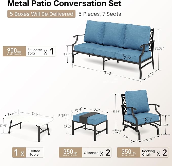 6 Piece Metal Outdoor Patio Furniture Set, Patio Conversation Set 1 3-seater Sofa, 2 Rocking Chair, 2 Ottomans with 5.75" Thick Cushion and Coffee Table, Black Backyard Furniture, Navy