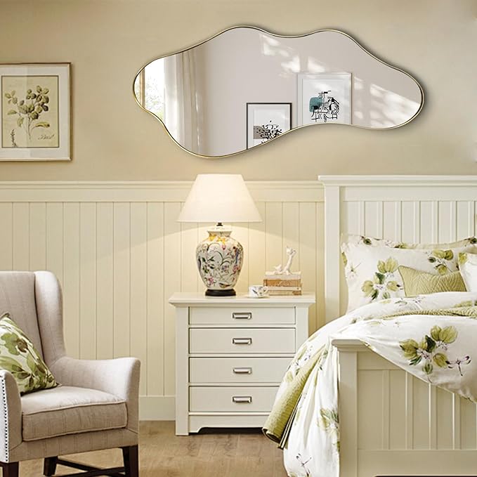 Gold Irregular Mirror, Asymmetrical Wall Mirrors Decorative, 40"x18" Wavy Shaped Mirror with Metal Frame, Modern Abstract Mirrors for Living Room Bathroom Bedroom Hallway Entryway Fireplace