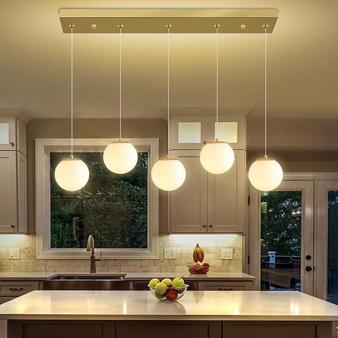 5-Lights Globe Pendant Light for Kitchen Island H 98" Gold Rectangle Chandelier Milk White Glass Pendant Lighting for Living Room Bedroom Entryway