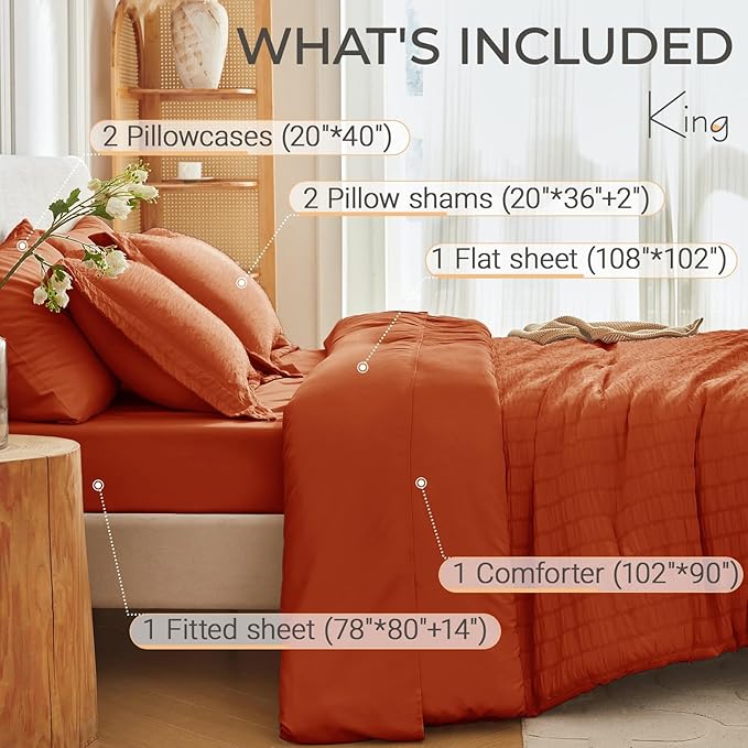 MUXHOMO 7 Pieces King Comforter Set, Seersucker Bed in a Bag King Size, All Season Luxury Bedding Set with Comforter, Flat Sheet, Fitted Sheet, Pillowcases & Shams, Burnt Orange