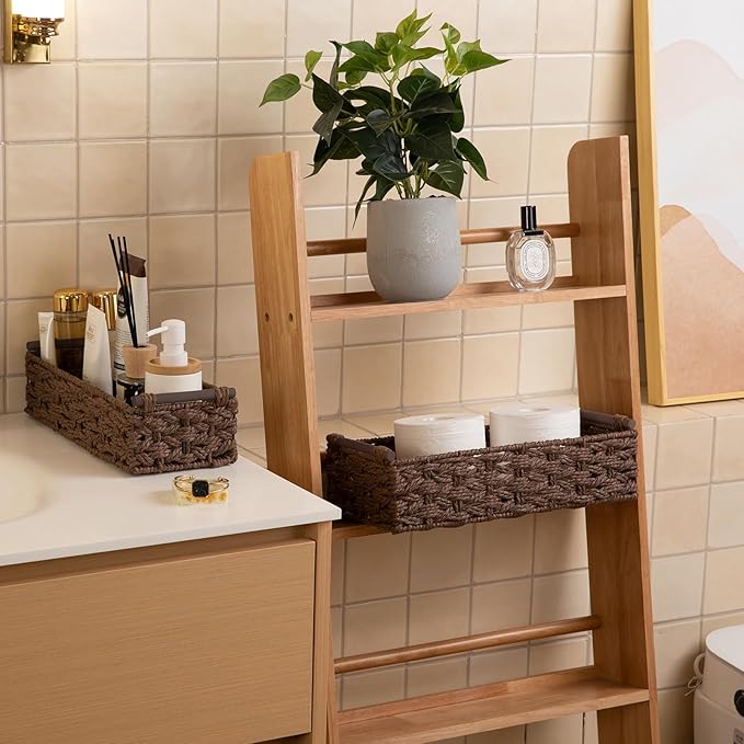 OIAHOMY Toilet Paper Baskets Handmade Paper Rope Decorative Wicker Storage Tank Shelf Cabinet Organizer for Bathroom Home, Set of 2, Brown