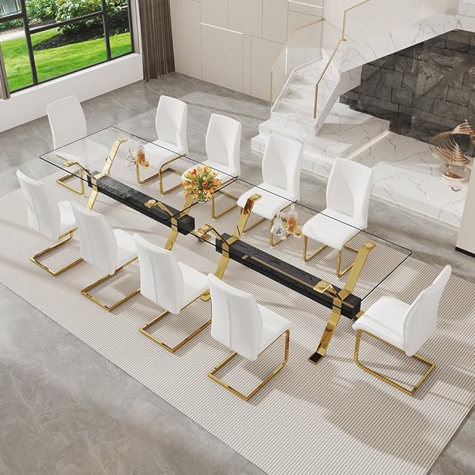 71'' Modern Dining Table Set for 6,7 Piece Glass Dining Table Set with Open‑Frame X‑Shaped Golden Metal Base,Gold Kitchen Table and Chairs Ideal for Dining Room&Home Office