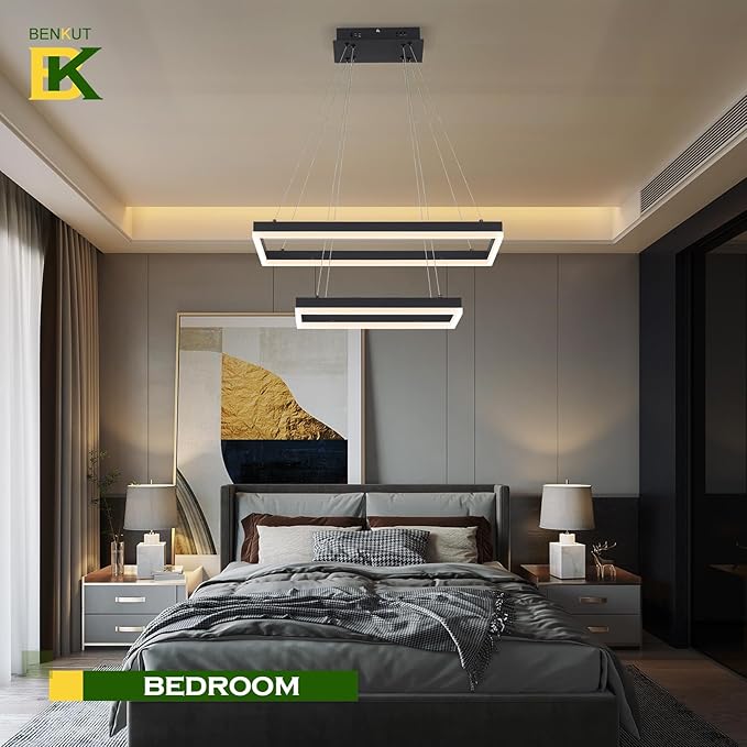 2 Rings Modern LED Chandelier Black 23.6inch Rectangle Dimmable LED Pendant Light with Remote Control 2 Tier Flush Mount High Ceiling Light for Dining Living Room Foyer(3000K-6500K, H59)